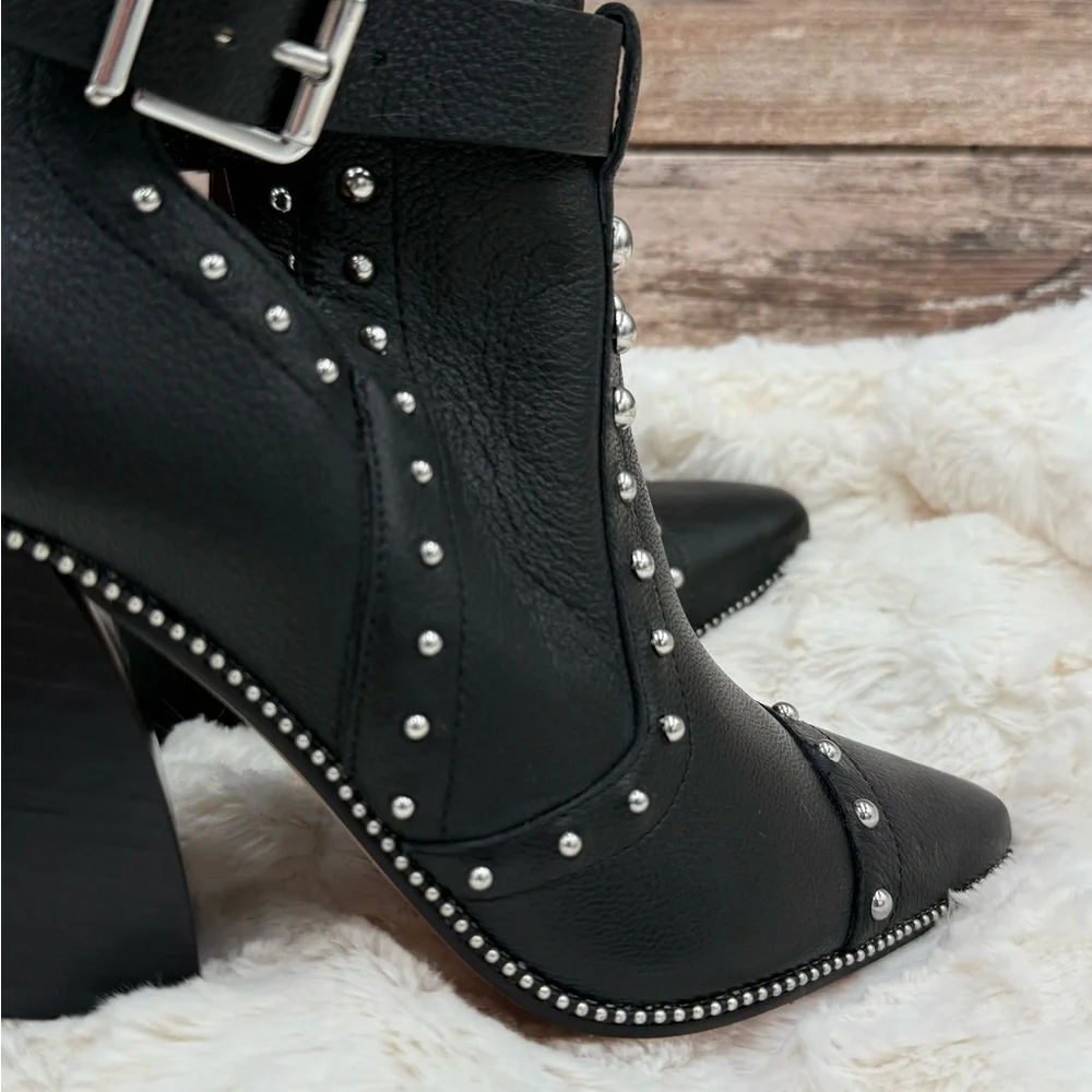 Antonio Melani Black Leather Block Heel Studded Ankle Boots with Buckle closure - Picture 7 of 16